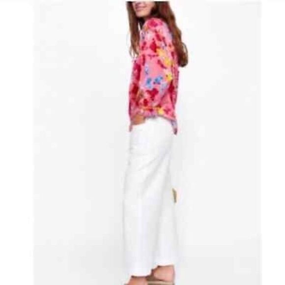 Zara Pink Floral Print Blouse with Elastic Cuffs Size Small - Picture 13 of 14